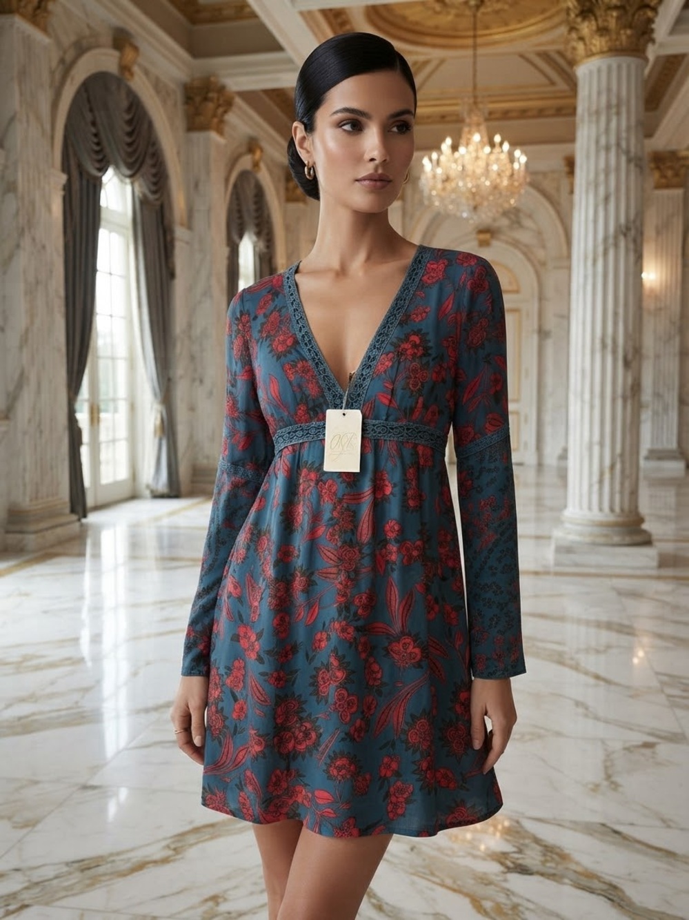 Abercrombie & Fitch Teal Dress with Red Floral Print